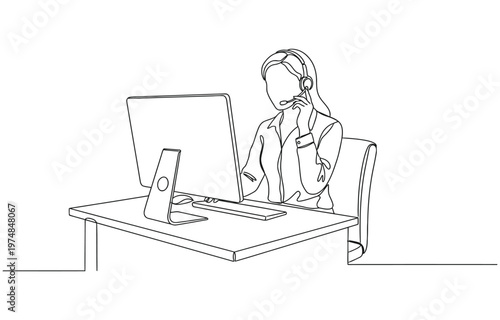 Single one line drawing young female call center worker sitting in front of computer, answering phone from customer.