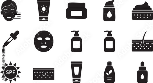 Comprehensive collection of skincare and beauty product icons for daily facial and body treatment routines, featuring cosmetic essentials