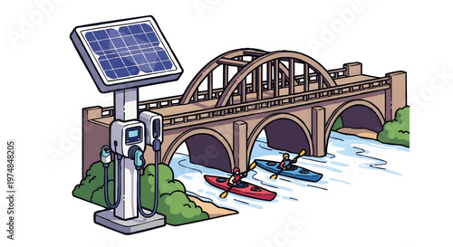 solar panel charging station near bridge and kayakers