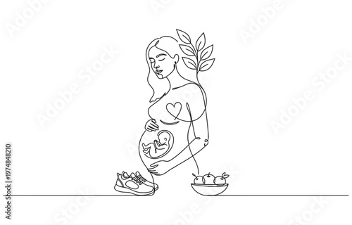 Beautiful pregnant Healthy Woman in one continuous line drawing. 