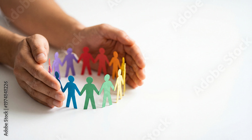 Hands protecting colorful paper people circle symbolizing diversity, inclusion and community support on white background with copy space.