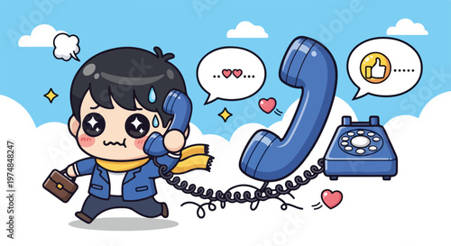 Anxious businessman running while holding an old telephone receiver with hearts and like icons floating around him