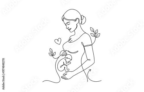 Beautiful pregnant Healthy Woman in one continuous line drawing. 