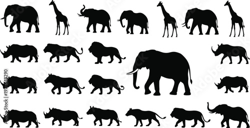 Black silhouettes of African wildlife animals including elephant, giraffe, lion, rhinoceros, hippopotamus, savanna fauna illustration, iconic safari species diversity concept