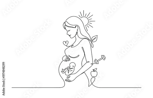 Beautiful pregnant Healthy Woman in one continuous line drawing. 