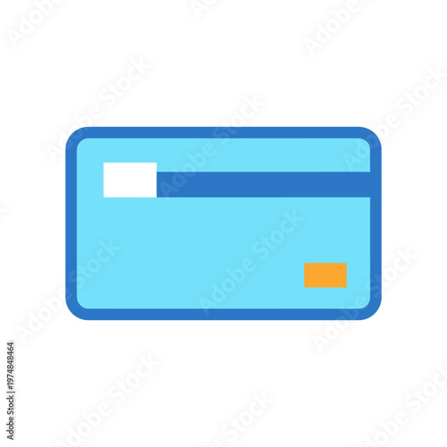 Plastic credit card with chip and magnetic stripe, payment, online shopping, banking, financial transaction icon, blue and yellow colors.