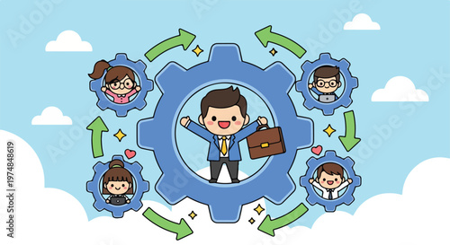 Cartoon businessman at center of rotating gears with diverse team members working together in a collaborative business