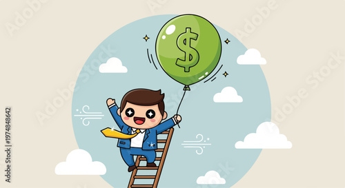 Cheerful businessman climbing ladder towards a green dollar sign balloon symbolizing financial success and growth