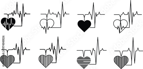 Black silhouettes of heart icons with electrocardiogram lines, medical health illustration showing heartbeat, cardiovascular activity, fitness, vitality, and wellness concept