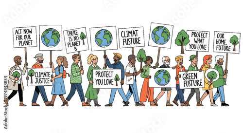 Diverse group of people protesting for environmental protection and climate action
