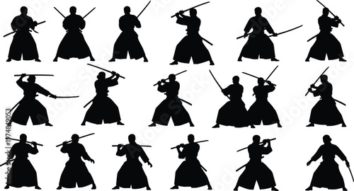 Black silhouettes of samurai warriors with swords in combat stances, Japanese martial arts illustration showing traditional kenjutsu and kendo fighting techniques