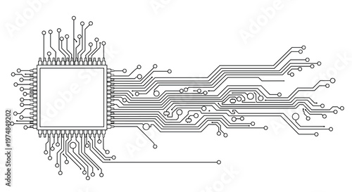 Minimalist black and white line drawing of a central processing unit chip with intricate circuit pathways extending outward into a digital network.