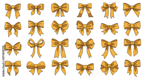 Large collection of twenty four different golden yellow ribbon bows in various styles and shapes suitable for gift packaging and festive decoration.