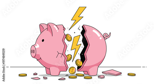 Pink ceramic piggy bank split in half by a lightning bolt with gold coins spilling out representing financial crisis and economic loss concepts.