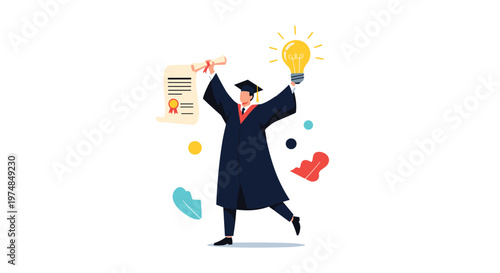 Joyful graduate in a gown and mortarboard holding a diploma and a glowing lightbulb representing a bright future and innovative ideas for career.