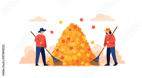 Man and woman working together to rake a large pile of colorful orange and yellow autumn leaves in a park setting during the fall garden cleanup.