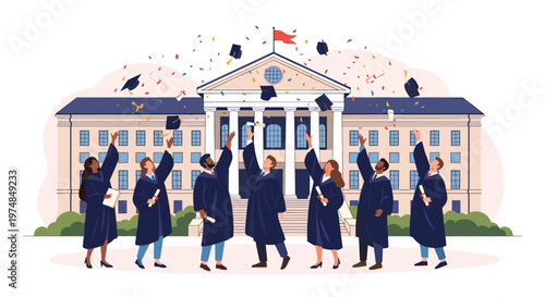 Diverse group of happy university students in blue graduation gowns and caps celebrating their academic success by throwing hats into the air.