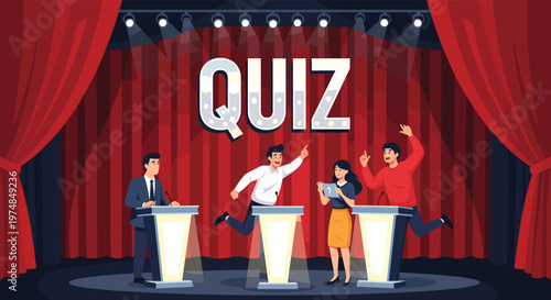 Contestants and host participating in a quiz show on a theatrical stage with red curtains and a large glowing sign for entertainment and games.