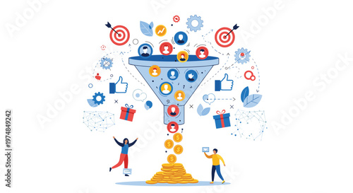 Lead generation marketing funnel illustration with social media icons and happy people being converted into stacks of gold coins for sales success.
