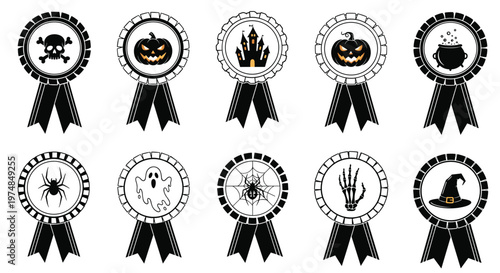 Set of ten black and white Halloween themed badges and ribbons featuring icons like skulls ghosts pumpkins and witch hats for seasonal decoration.