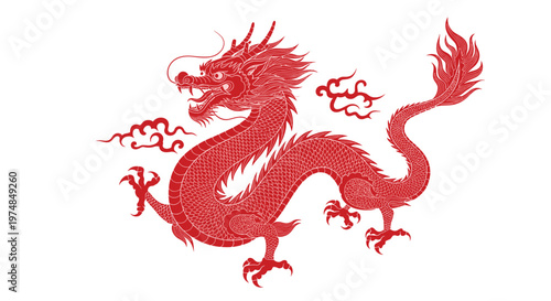 Detailed red silhouette of a traditional Chinese dragon in a powerful pose with swirling clouds symbolizing strength and luck in asian culture.