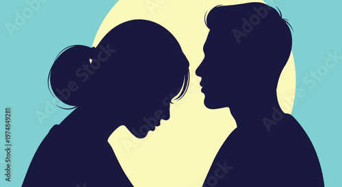 Silhouette of a young couple facing each other against the backdrop of a large yellow full moon symbolizing romance and a beautiful evening date.