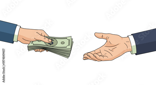 Business transaction concept with one hand giving a stack of dollar bills to another open hand for payment or bribery.