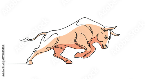 Charging bull animal in motion with dynamic lines representing stock market strength power and financial growth in business economy.