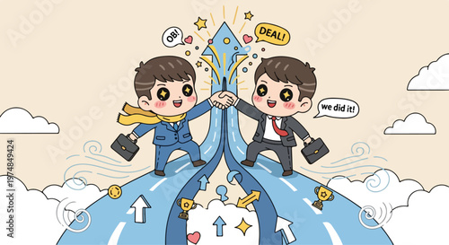 Two smiling cartoon businessmen high-fiving on a successful career path with achievement symbols and clouds