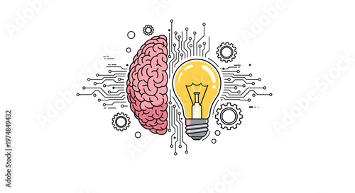 Brain and light bulb fusion concept representing artificial intelligence technology innovation and synergy between human mind and machine.