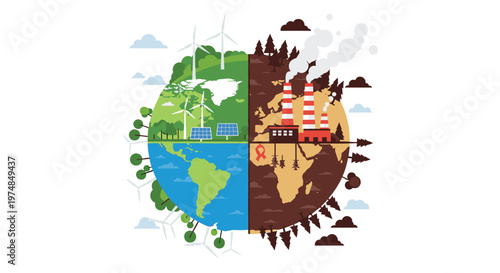 Ecology concept with planet Earth divided into green sustainable energy side and brown polluted industrial side for environment awareness.