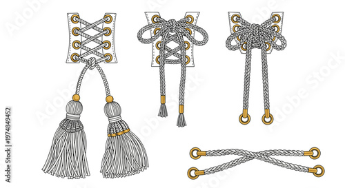 Set of decorative silver cords and tassels with golden details used for luxury home interior decoration and curtains accessories.