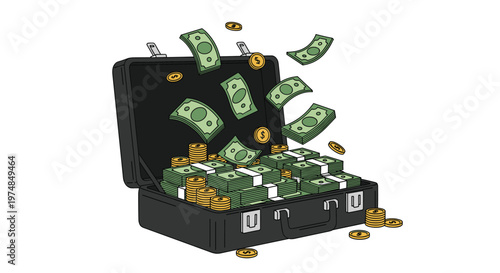 Black open briefcase filled with stacks of dollar bills and falling gold coins representing huge profit and financial fortune.