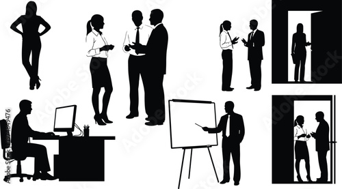 Black silhouette collection of business professionals featuring office meetings presentation on whiteboard desk work and corporate communication isolated on white background for design.