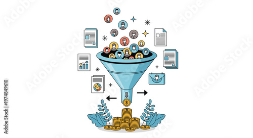 Sales funnel concept showing diverse people being converted into a pile of gold coins, representing customer lead generation.