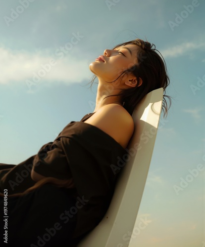 Sunlit portrait of a woman leaning back with eyes closed, enjoying warmth and calm, minimalist composition, soft sky background, peaceful lifestyle and wellness concept.