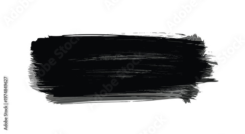 Bold and expressive single black paint brush stroke on a white background showing detailed bristle textures and artistic style.