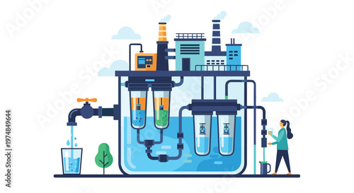 Detailed industrial illustration of a water purification and filtration system in a factory with a person getting a glass of water.