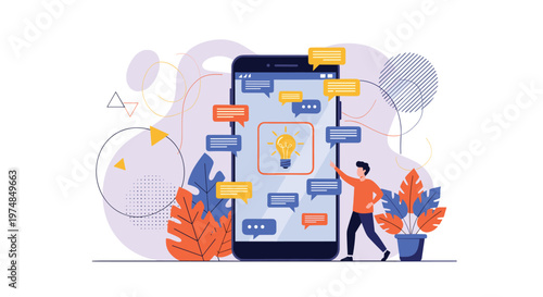 Creative worker interacting with a large smartphone surrounded by colorful message bubbles and a light bulb icon for innovation.