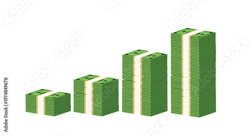 Four stacks of green dollar bills increasing in height to represent financial growth, savings progress, or rising business profit.