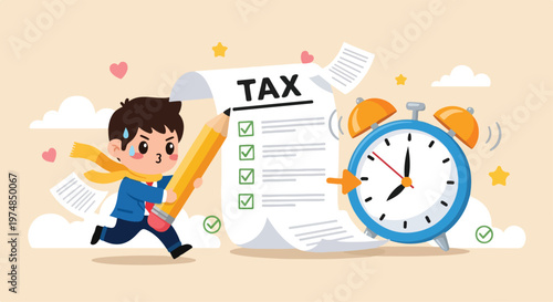 Stressed student rushes to complete tax form with a giant pencil next to a ticking alarm clock