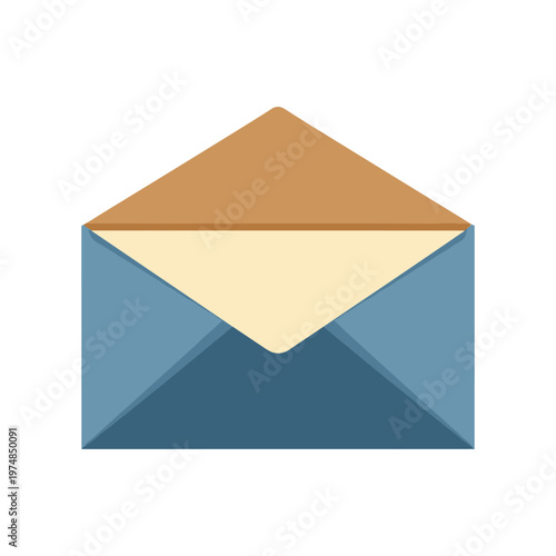 Opened mail envelope with beige flap and blue body, isolated vector illustration of blank letter for communication, flat design correspondence element for messaging and information exchange.