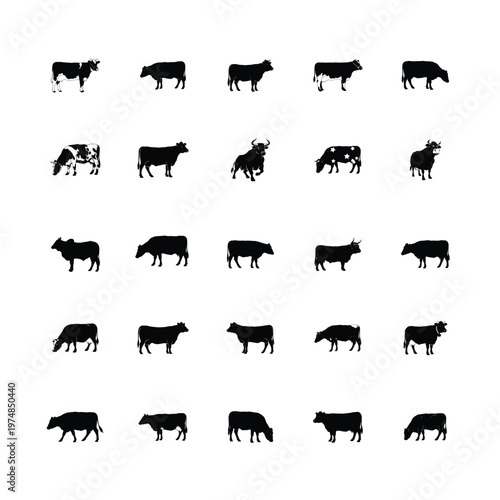Pictures of different species of cows in different styles, on a white background