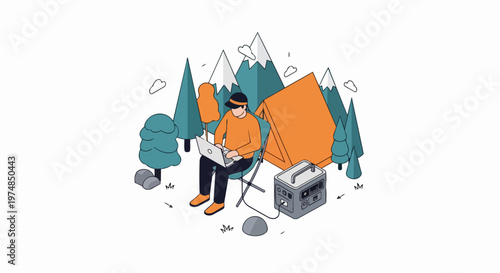 Digital Nomad Working Remotely at a Campsite with Portable Power Station and Laptop in Nature Isometric Illustration