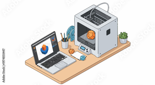 Isometric 3D Printing Workspace Illustration with Laptop and Desktop 3D Printer for Additive Manufacturing and Rapid Prototyping