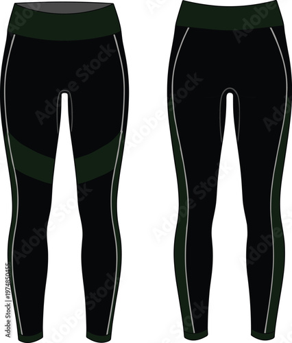 Collection of two black athletic leggings with green accents featuring modern sportswear design for fitness, gym, workout, and fashion apparel illustration