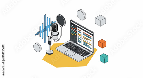 Isometric Illustration of a Professional Podcast Studio Setup with Laptop, Microphone, and Digital Audio Waveforms