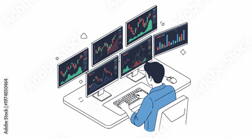 Professional Stock Trader Analyzing Financial Market Data on Multiple Monitors, Isometric Illustration of Workspace for Day Trading and Data Analysis
