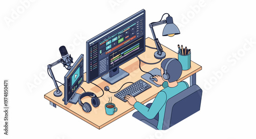 Isometric Illustration of a Video Editor Working at a Professional Workstation with Dual Monitors, Microphone, and Audio Equipment for Post-Production and Content Creation