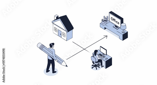 Isometric Illustration of Hybrid Work Concept with Remote Employee Transitioning to Office Environment